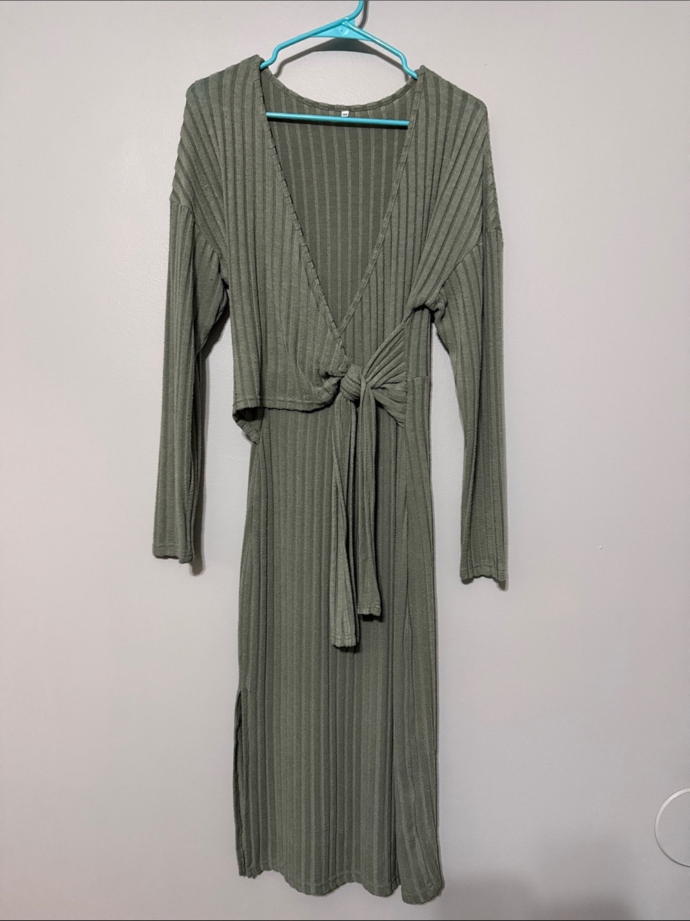 Ribbed Long Sleeve Wrap Midi Dress in Olive Green